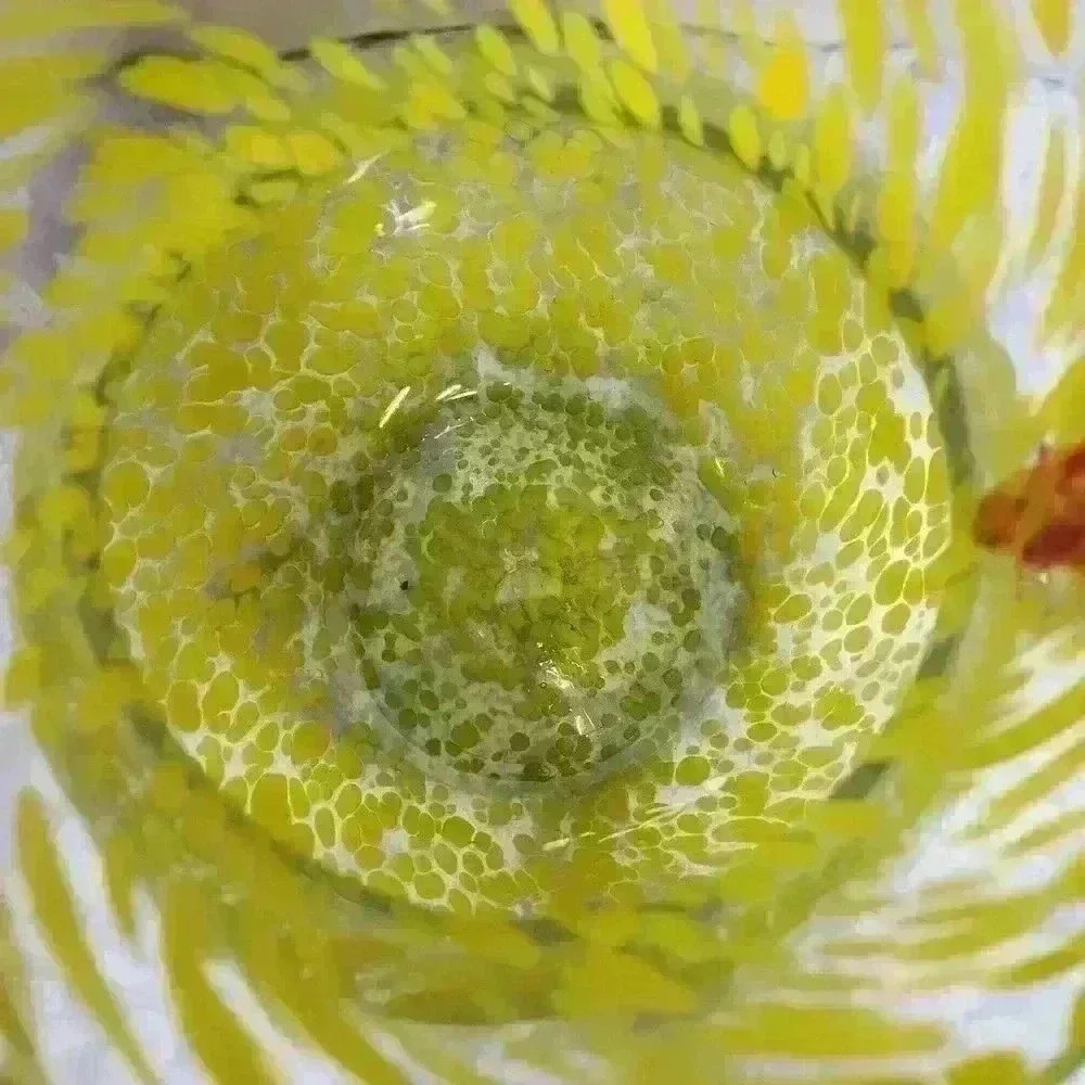 Hand-blown glass water pitcher yellow bubbles red handle. - Picture 7 of 10